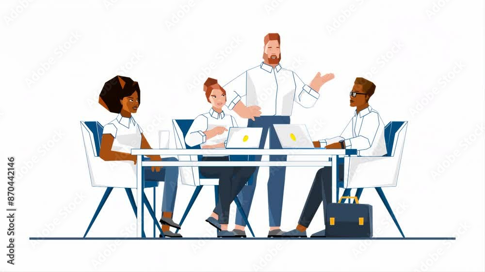Group of Co-workers Discussing Business at Office Meeting 2D Illustration Group of Co-workers Discussing Business at Office Meeting 2D Illustration