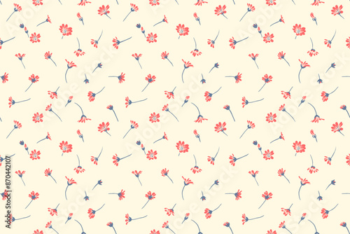 Red tiny wild flowers and small buds scattered randomly on a seamless pattern. Abstract artistic floral print on a light background. Vector hand drawing sketch. Design for fashion, fabric, textiles