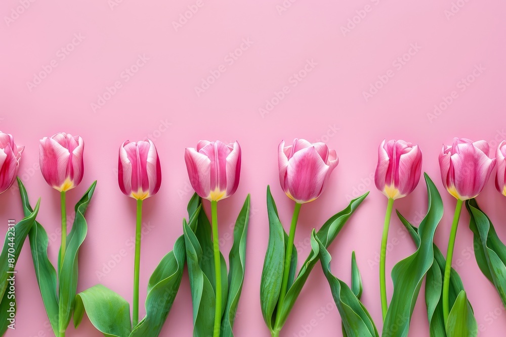 Fototapeta premium Flowers. Tulip bouquet on pastel pink background. Valentine's Day, Easter, Birthday, Mother's Day, Happy Women's Day, Mother's Day. Flat lay, top view, copy space.