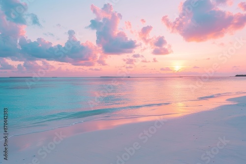 Sea sand beach portrait. Panoramic beach landscape. Summer sunset calmness tranquil relaxing sunshine vacation mood. Vacation travel holiday banner.