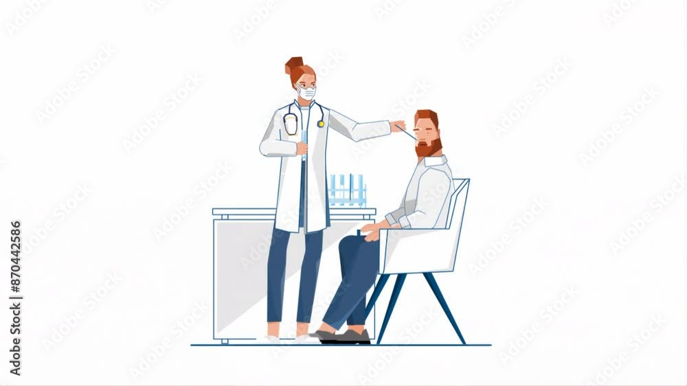 Female Doctor in White Coat and Face Mask Is Performing Corona Virus Test on Male Patient in a Clinic Setting 2D Illustration Female Doctor in White Coat and Face Mask Is Performing Corona Virus Test on Male Patient in a Clinic Setting 2D Illustration