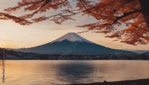 Fuji mountain and Kawaguchiko lake at sunset, Autumn seasons Fuji mountain at yamanachi in Japan. photo