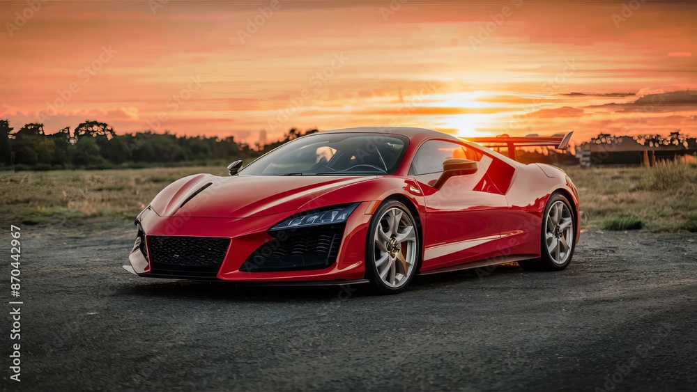 Dynamic red sports car in an urban environment. A high performance modern car with an elegant design and high-gloss finish, set against a modern cityscape.