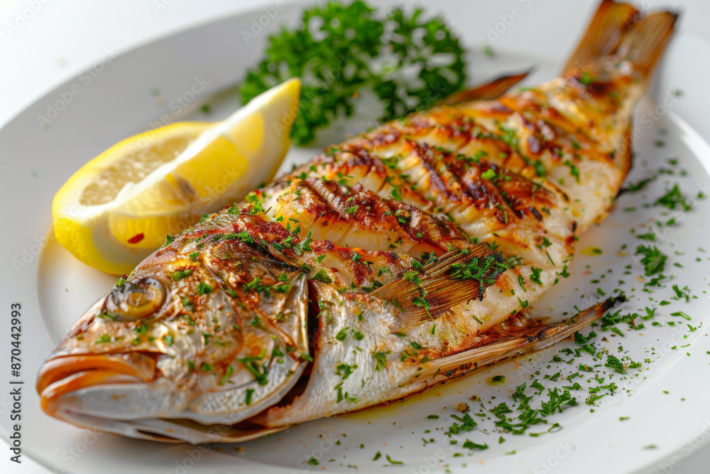 Grilled Fish on White Plate with Lemon and Parsley Grilled Fish on White Plate with Lemon and Parsley