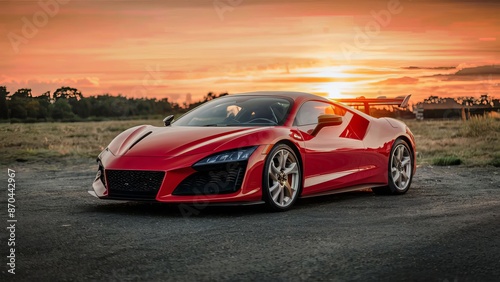Dynamic red sports car in an urban environment. A high performance modern car with an elegant design and high-gloss finish, set against a modern cityscape.