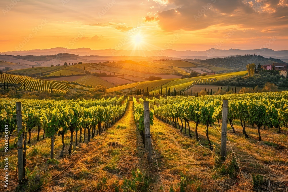 Fototapeta premium At sunset, a vineyard sits atop a hill.