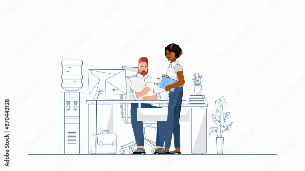 Secretary Give The Documents to Boss Who is Sitting at His Desk in Office. The Businessman Reviewing and Signing the Documents After Receiving Them 2D Illustration