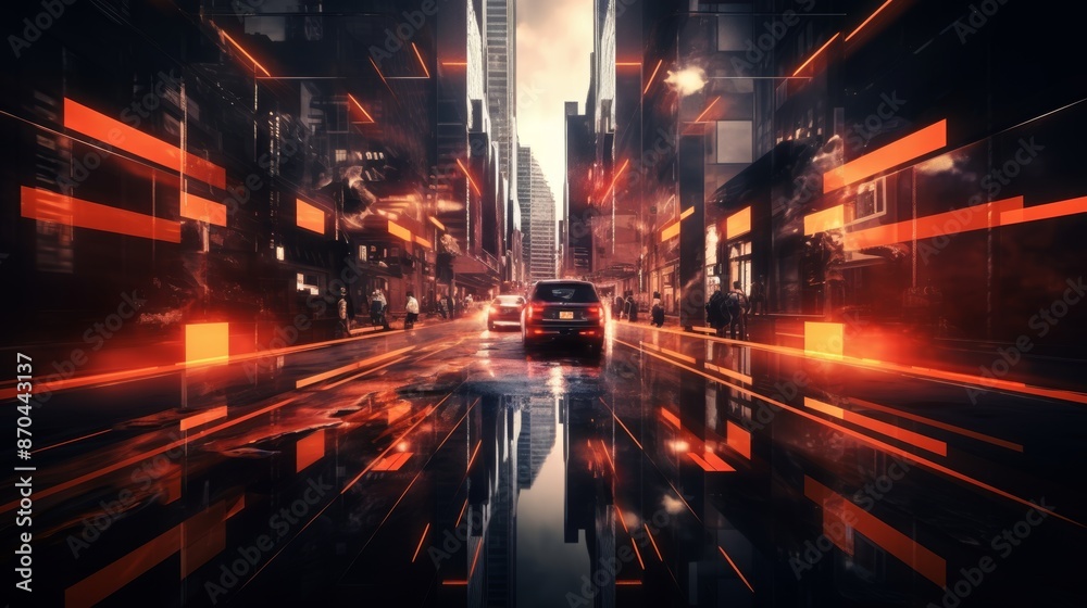 Abstract digital urban night wallpaper with smart network connection concept in double exposure