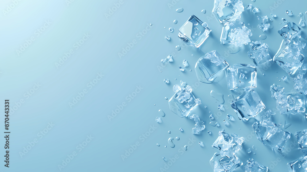 Scattered ice cubes on light blue background