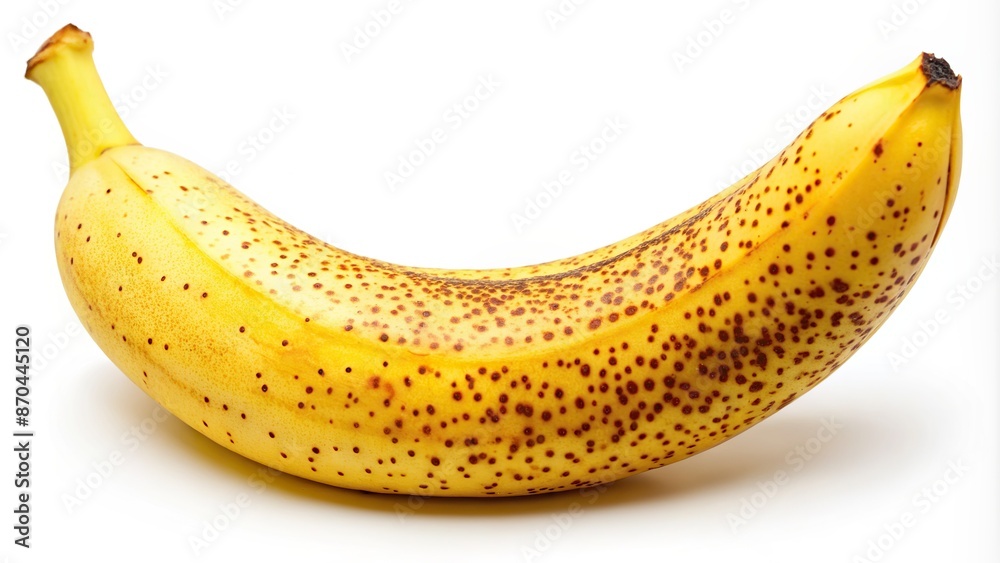Vibrant yellow curved slice of ripe banana fruit isolated on white background, creamy texture and slight brown spots, perfect for healthy snack concept. Vibrant yellow curved slice of ripe banana fruit isolated on white background, creamy texture and slight brown spots, perfect for healthy snack concept.