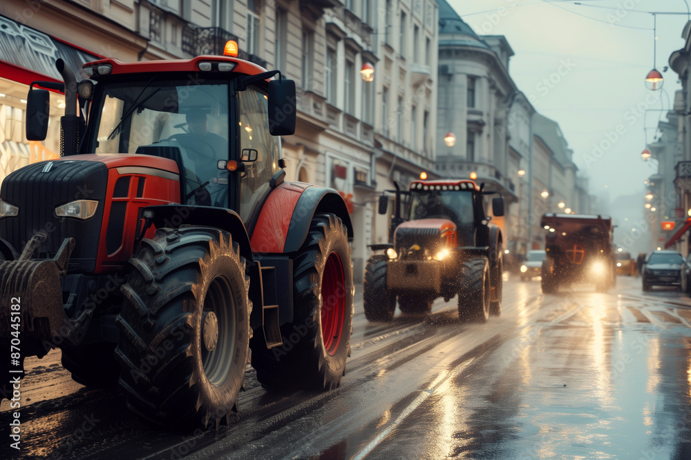 Fototapeta premium Tractors driving through city streets during rainy twilight. Urban agriculture machinery, heavy equipment, transportation, rural vehicles in urban setting.