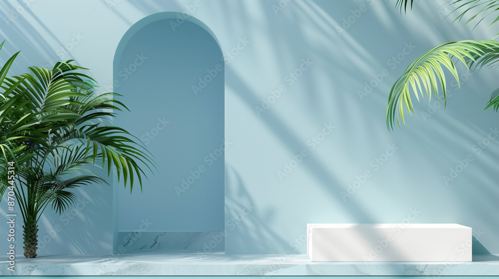 3D Render of Abstract Background with Blue Wall and Podium for Product Presentation, Featuring Palm Tree Leaves in Minimal Mockup Scene with White Arches, in 8K 3D Render of Abstract Background with Blue Wall and Podium for Product Presentation, Featuring Palm Tree Leaves in Minimal Mockup Scene with White Arches, in 8K