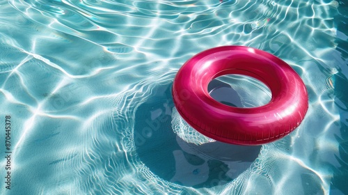 A bright pink inflatable ring floats on the clear blue water of a swimming pool, casting a shadow on the pool's bottom
