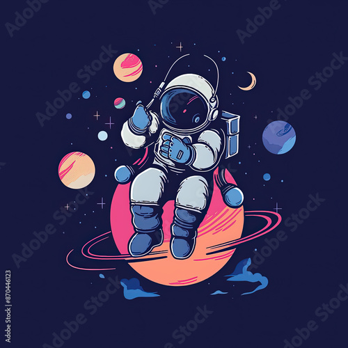 Cute, Colorful Kawaii Cartoon Style Spaceman Sitting on a Planet, Vector Illustration, Kids