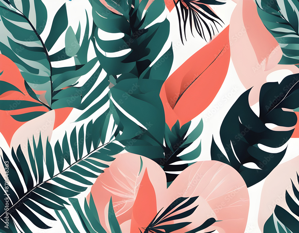 Beautiful seamless floral pattern background with palm tropical leaves and abstract forms. Abstract geometric texture. Beautiful seamless floral pattern background with palm tropical leaves and abstract forms. Abstract geometric texture.