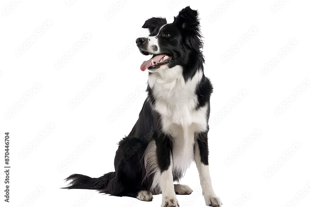 a black and white dog with its tongue out