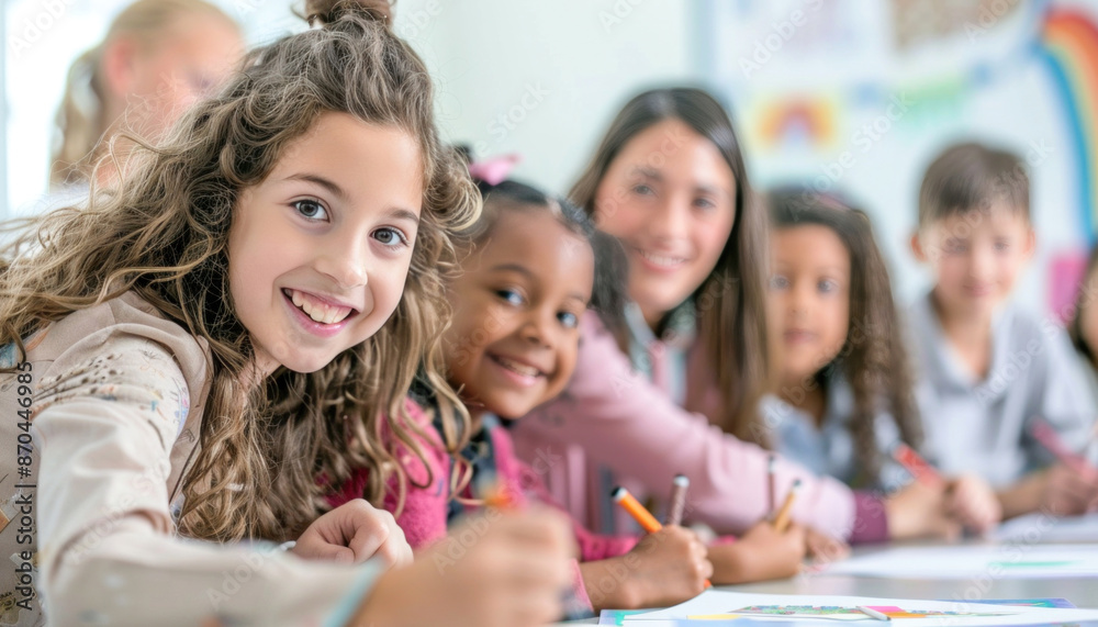 Students happily seated with their teacher at the table, smiling and engaging in activities Students happily seated with their teacher at the table, smiling and engaging in activities