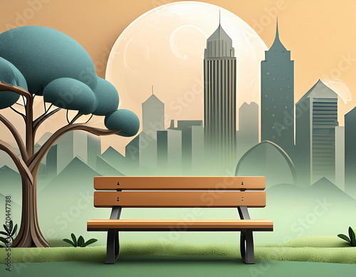 simple vector style illustration of empty park bench and tree with buildings, cityscape and setting sun background