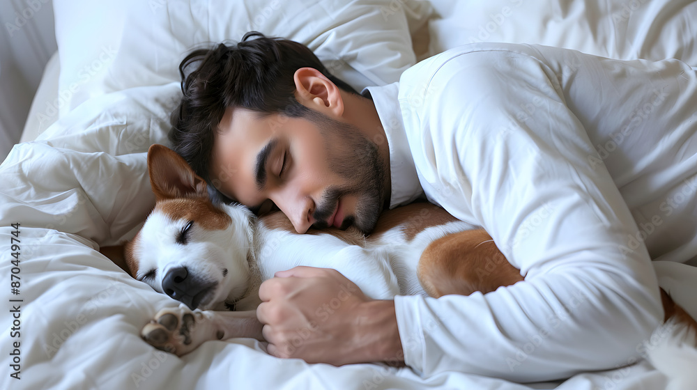 A man and his dog sleep peacefully together in bed, showcasing a tender moment of companionship and relaxation. Ideal for themes of pet ownership, relaxation, and home life. A man and his dog sleep peacefully together in bed, showcasing a tender moment of companionship and relaxation. Ideal for themes of pet ownership, relaxation, and home life.