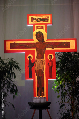 St Jakobshalle.  European Youth meeting of Taize in Basel.   Icon cross of Taize with Jesus.  Basel. Switzerland.  Switzerland. photo