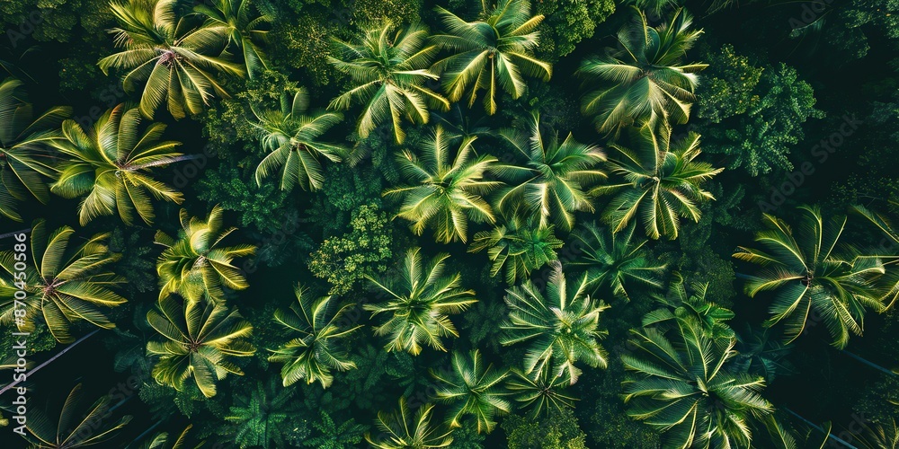 Aerial view of a Lush green forest with palm trees and bright sunlight shining through the leaves. The concept of tranquility and natural beauty Aerial view of a Lush green forest with palm trees and bright sunlight shining through the leaves. The concept of tranquility and natural beauty