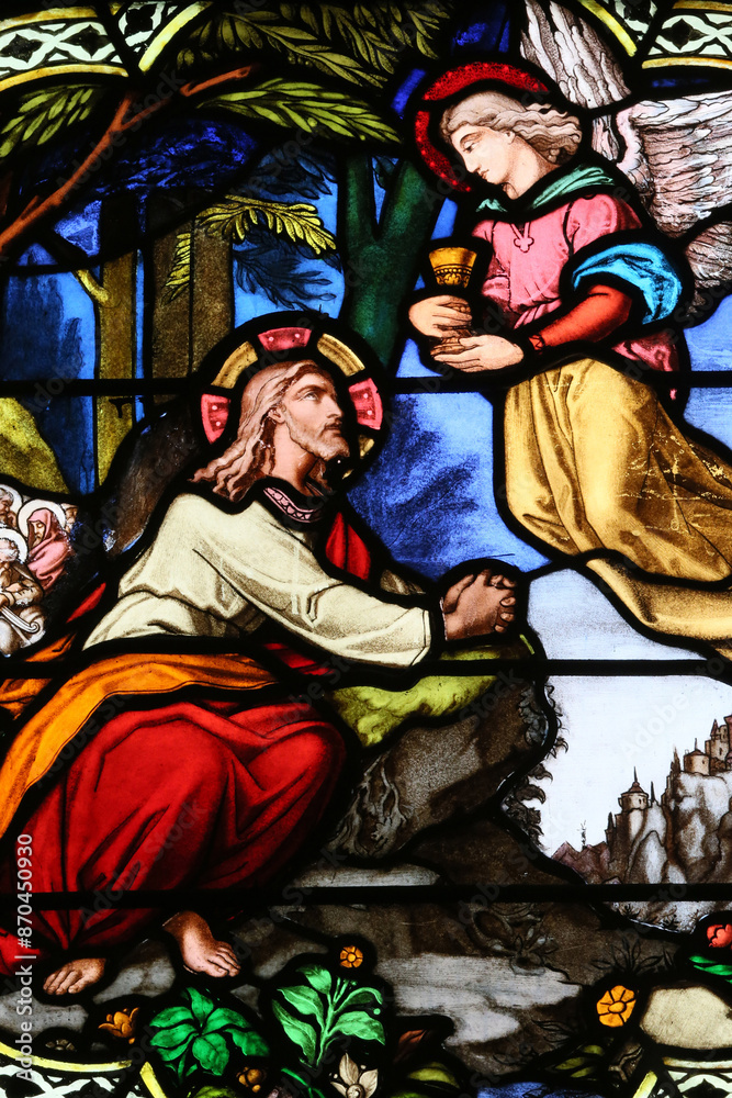 Fototapeta premium St Paul church. Stained glass window. Gethsemane. Jesus prays, meanwhile, the disciples remain.