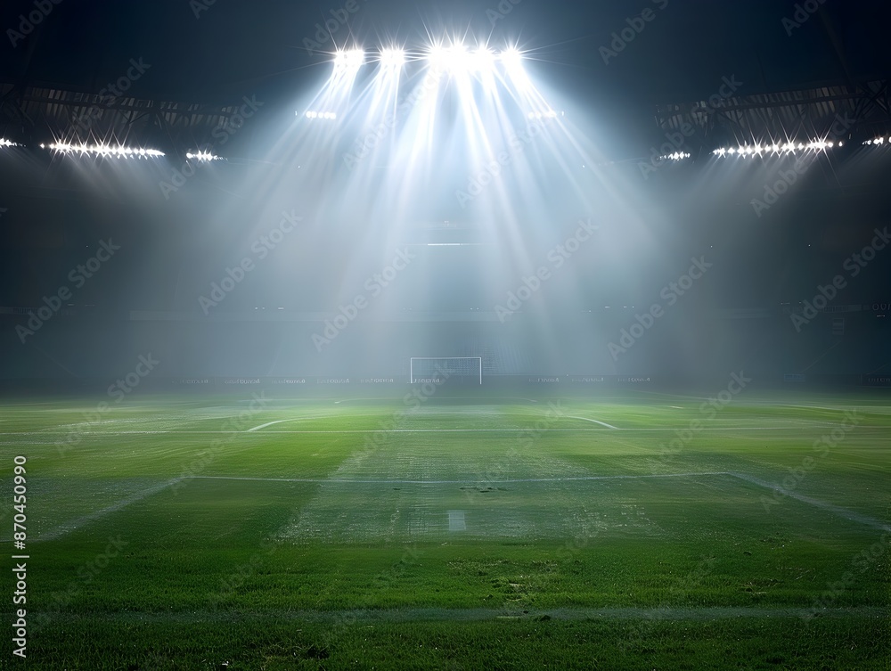 Dramatic Floodlit Stadium Scene with Bright Spotlights and Clear Grassy Field