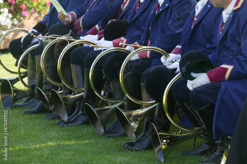 Mass of Saint Hubert in the open air. Hunting horns. photo