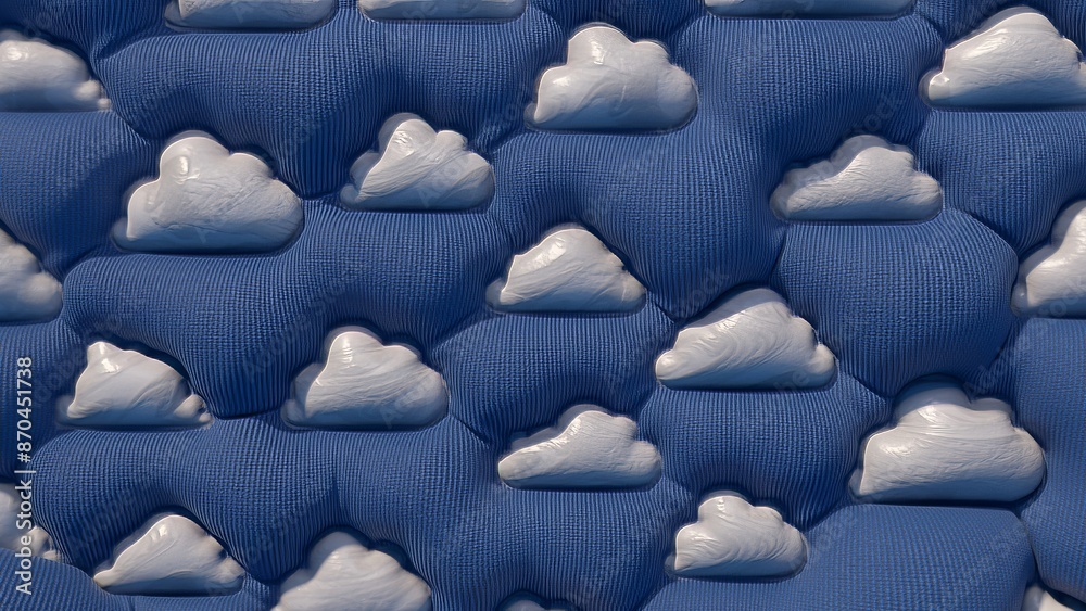 Fototapeta premium Animation of inflated white cloud shapes on a blue textured background, featuring a soft, fabric-like surface.
