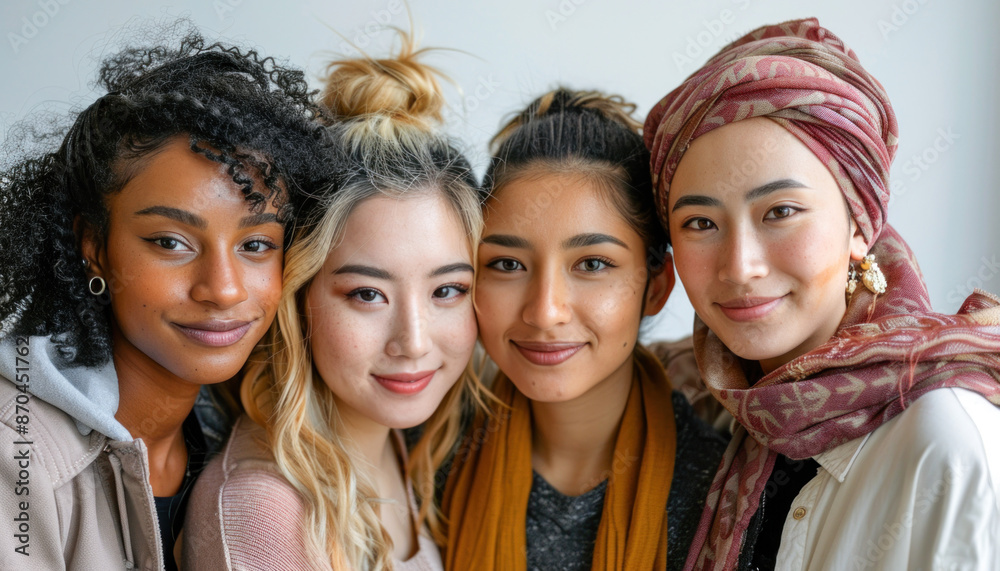 A group of young women are joyfully posing together for a photo, smiling and looking happy A group of young women are joyfully posing together for a photo, smiling and looking happy