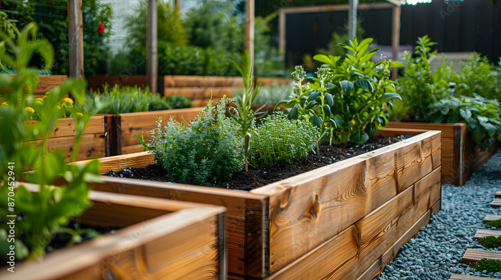 Wooden raised garden beds filled with a variety of lush green plants and herbs. The well-maintained garden showcases vibrant, healthy vegetation in a serene outdoor setting. Wooden raised garden beds filled with a variety of lush green plants and herbs. The well-maintained garden showcases vibrant, healthy vegetation in a serene outdoor setting.