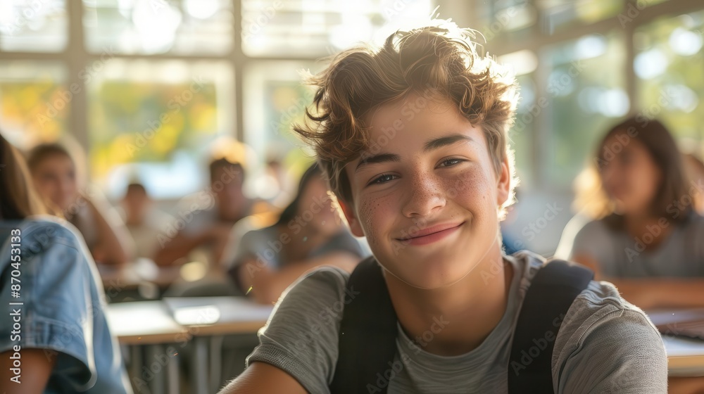 Smiling teenage boy in a bright classroom, sunlight streaming through windows with students in the background Smiling teenage boy in a bright classroom, sunlight streaming through windows with students in the background