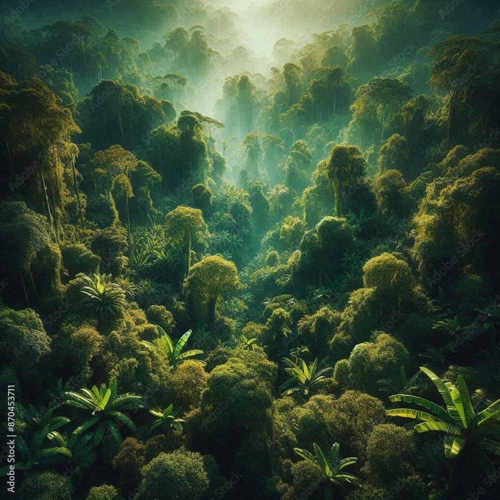 Tropical Rainforest Canopy: Aerial view of a dense tropical rainforest with vibrant green foliage. 003 Tropical Rainforest Canopy: Aerial view of a dense tropical rainforest with vibrant green foliage. 003
