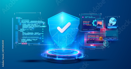 Futuristic Cyber Security Technology with Digital Shield and Code. Vector illustration
