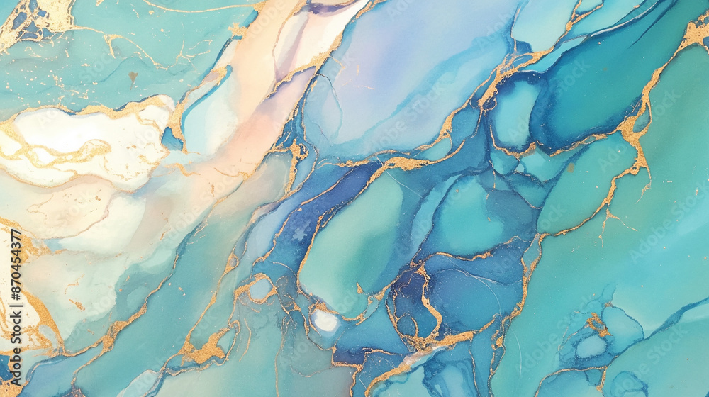 Fototapeta premium watercolor, turquoise, and blue marble with gold veins, background.