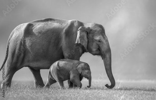Photography Elephant walking with cub black and white