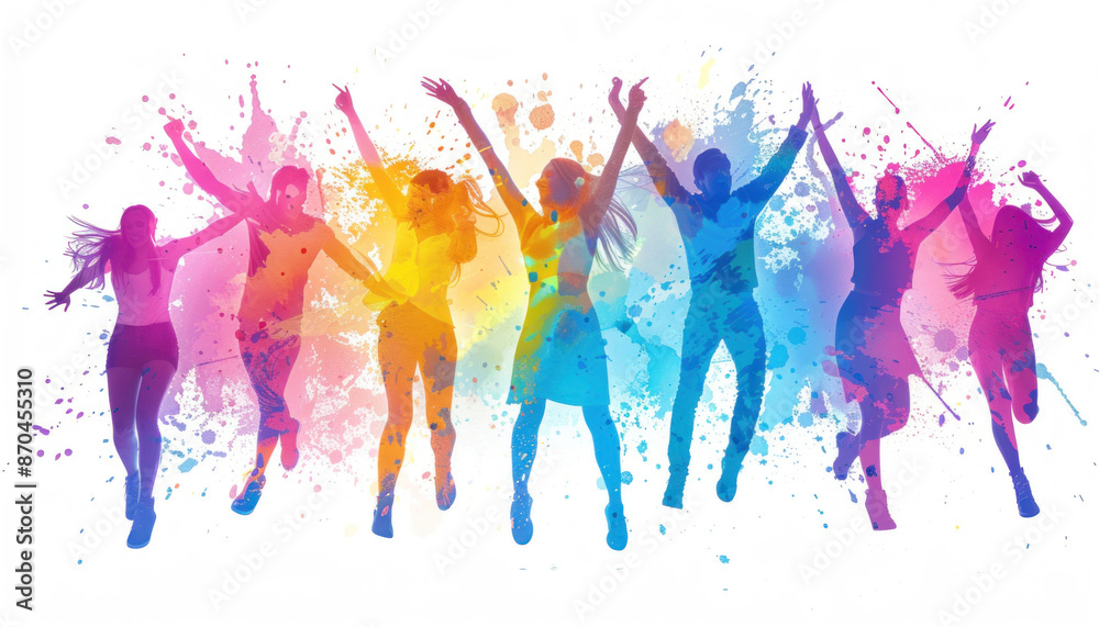 The scene resembles a colorful painting with happy people jumping in a vibrant blue background The scene resembles a colorful painting with happy people jumping in a vibrant blue background