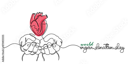 World Organ Donation Day with Heart for Transplantation, line art Hand holding human realistic liver, heart, kidneys, lungs. World Organ Donation Day is on the 13th of August. template Design 