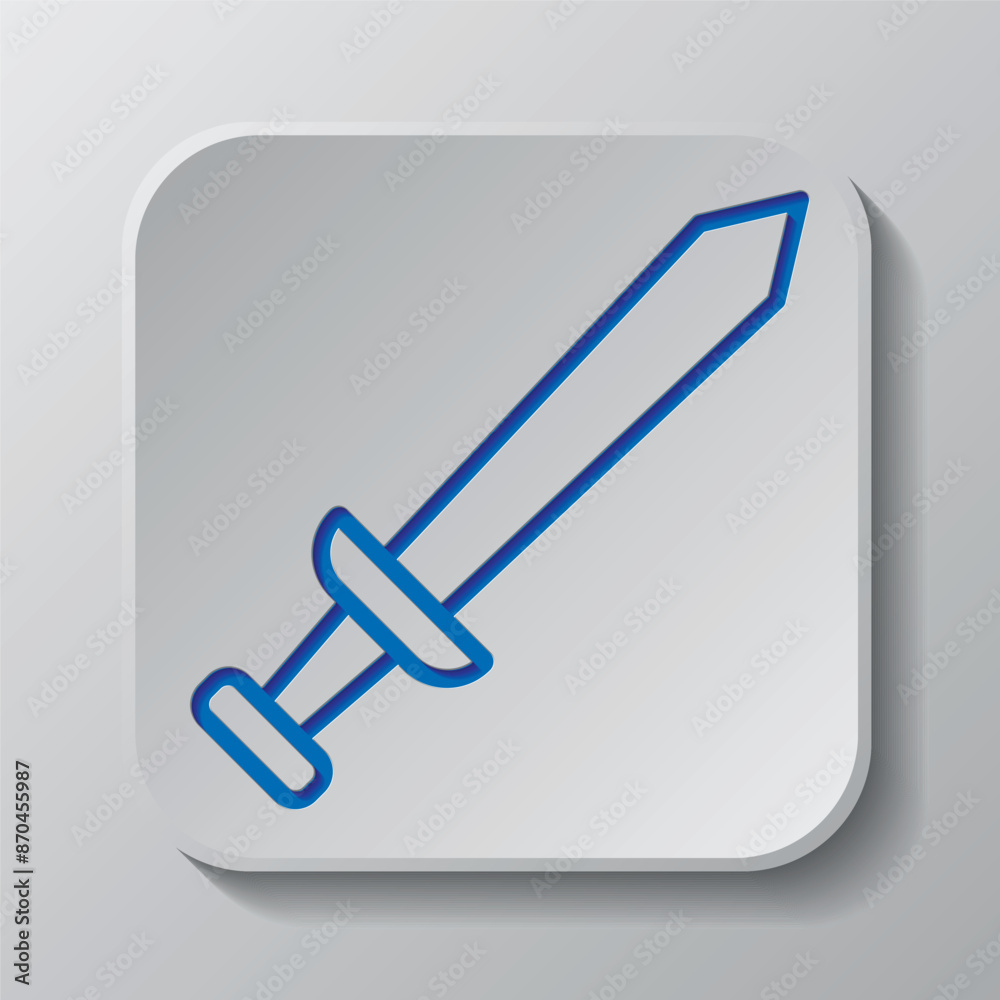 Sword simple icon. Flat design. Paper cut design. Cutted blue symbol with shadow. Gray badge button, gray background Sword simple icon. Flat design. Paper cut design. Cutted blue symbol with shadow. Gray badge button, gray background