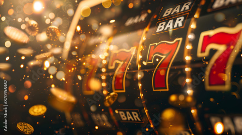 Close-up of a slot machine displaying a winning combination of triple sevens with coins and golden lights scattering in the background. Perfect for gambling, casino, and entertainment themes