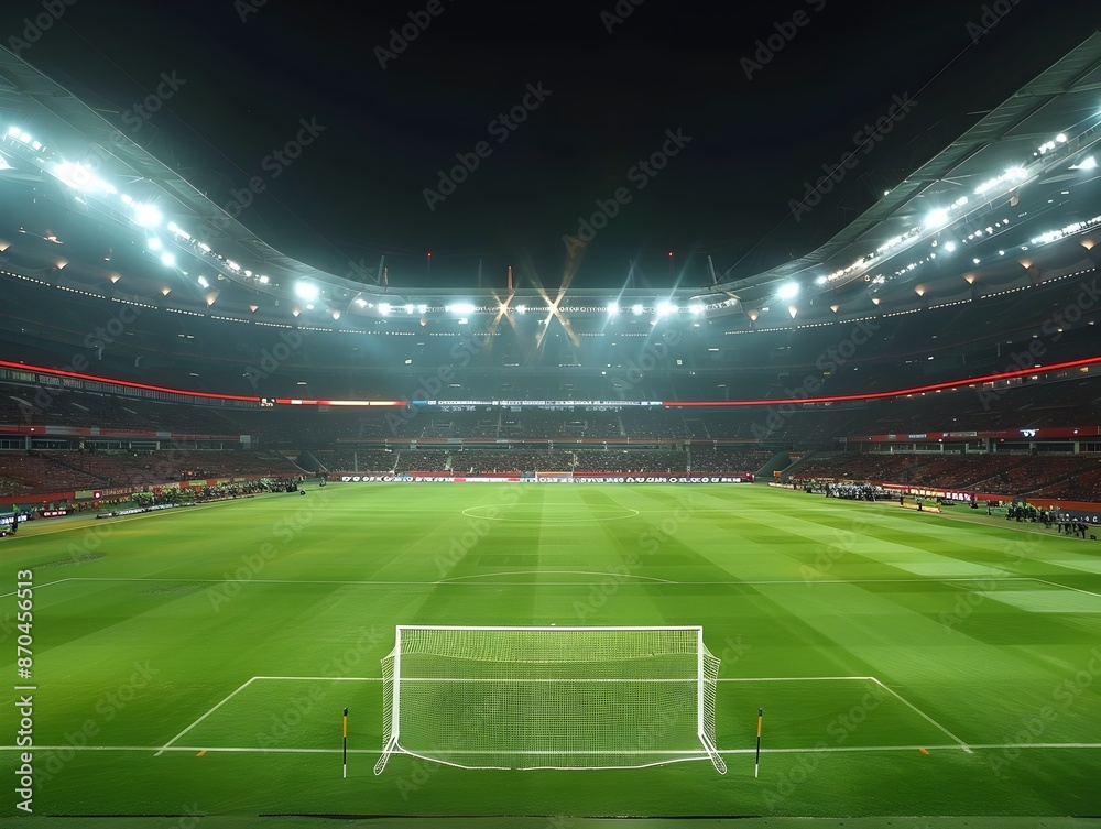 Fototapeta premium Floodlit Sports Stadium with Clear Grass Soccer Field at Night