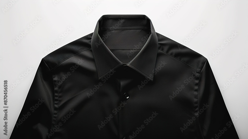 A sleek black men's formal dress shirt perfectly ironed on a solid white background. A sleek black men's formal dress shirt perfectly ironed on a solid white background.