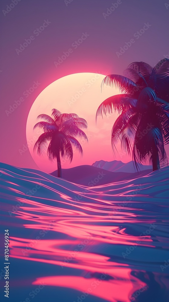 Obraz premium Enchanting Vaporwave Beach Sunset with Neon Palm Trees and Glowing Waves