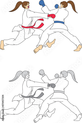 空手の組み手をする選手のイラストセット