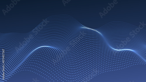 Wave of flowing particles on a dark background. Abstract backdrop with dynamic elements of waves and dots. Vector