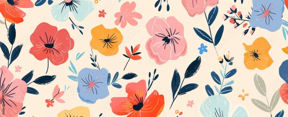Floral seamless pattern with hand drawn flowers and leaves, with a red, orange and blue color palette Floral seamless pattern with hand drawn flowers and leaves, with a red, orange and blue color palette