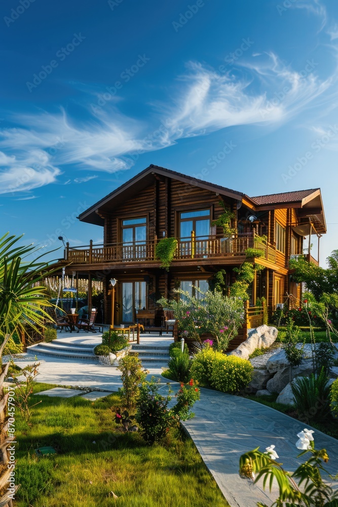 Luxurious Wooden Villa with Garden and Blue Sky Luxurious Wooden Villa with Garden and Blue Sky