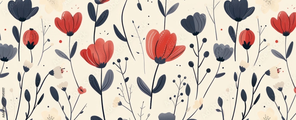 Obraz premium Seamless pattern with flat vector illustration of cute flowers in red and navy blue on beige background.