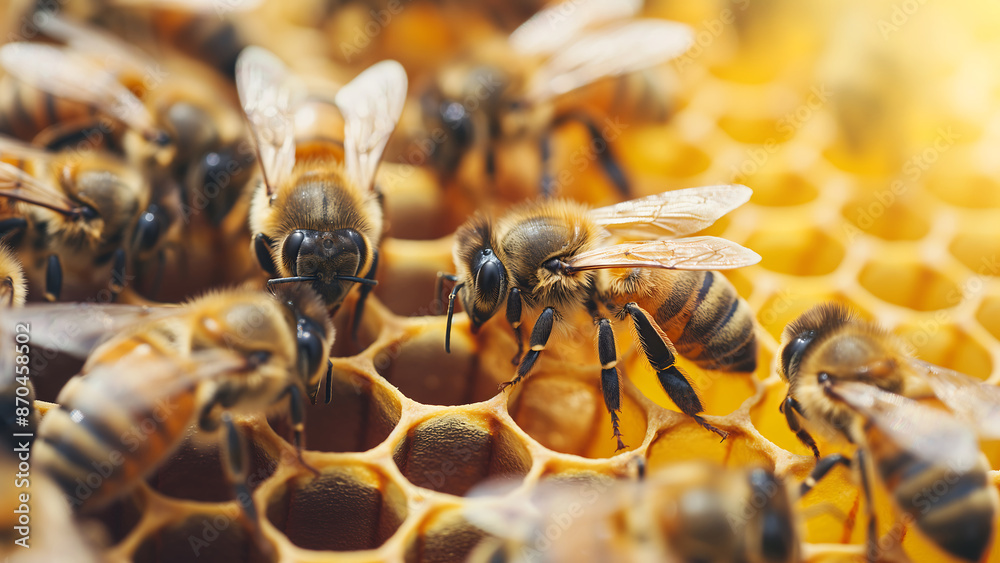Close-Up of Bees on Honeycomb in a Beehive: Natural Beekeeping Photography. Close-Up of Bees on Honeycomb in a Beehive: Natural Beekeeping Photography.