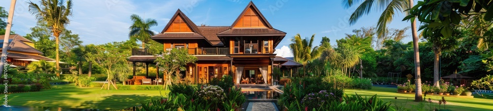 Luxurious Wooden Villa with Garden and Blue Sky Luxurious Wooden Villa with Garden and Blue Sky